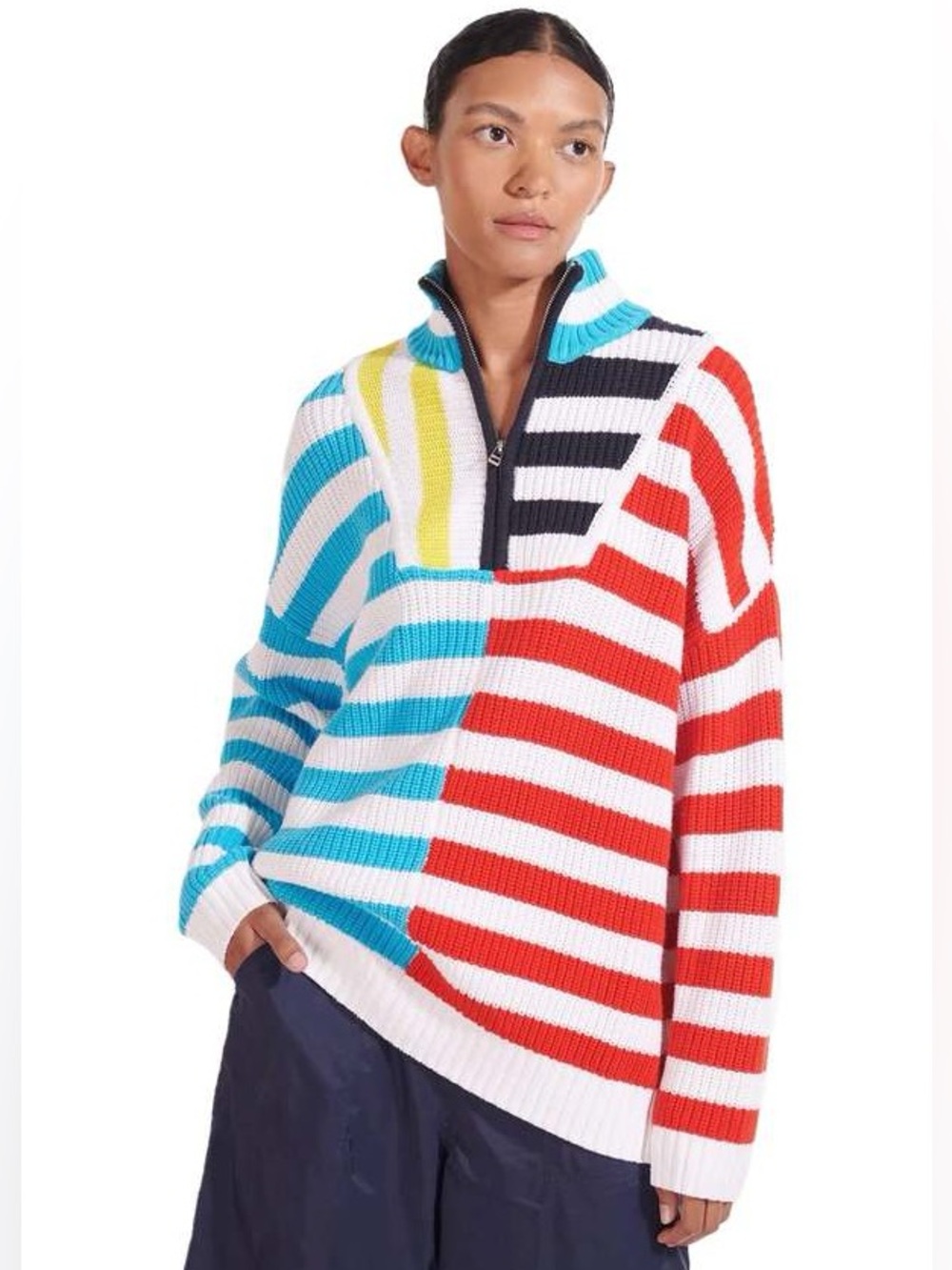 STAUD Captain Stripe Hampton Quarter Zip Turtleneck Sweater Size Large